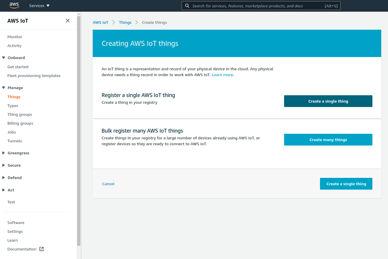 AWS IoT Core — Manage → Things → Create single thing