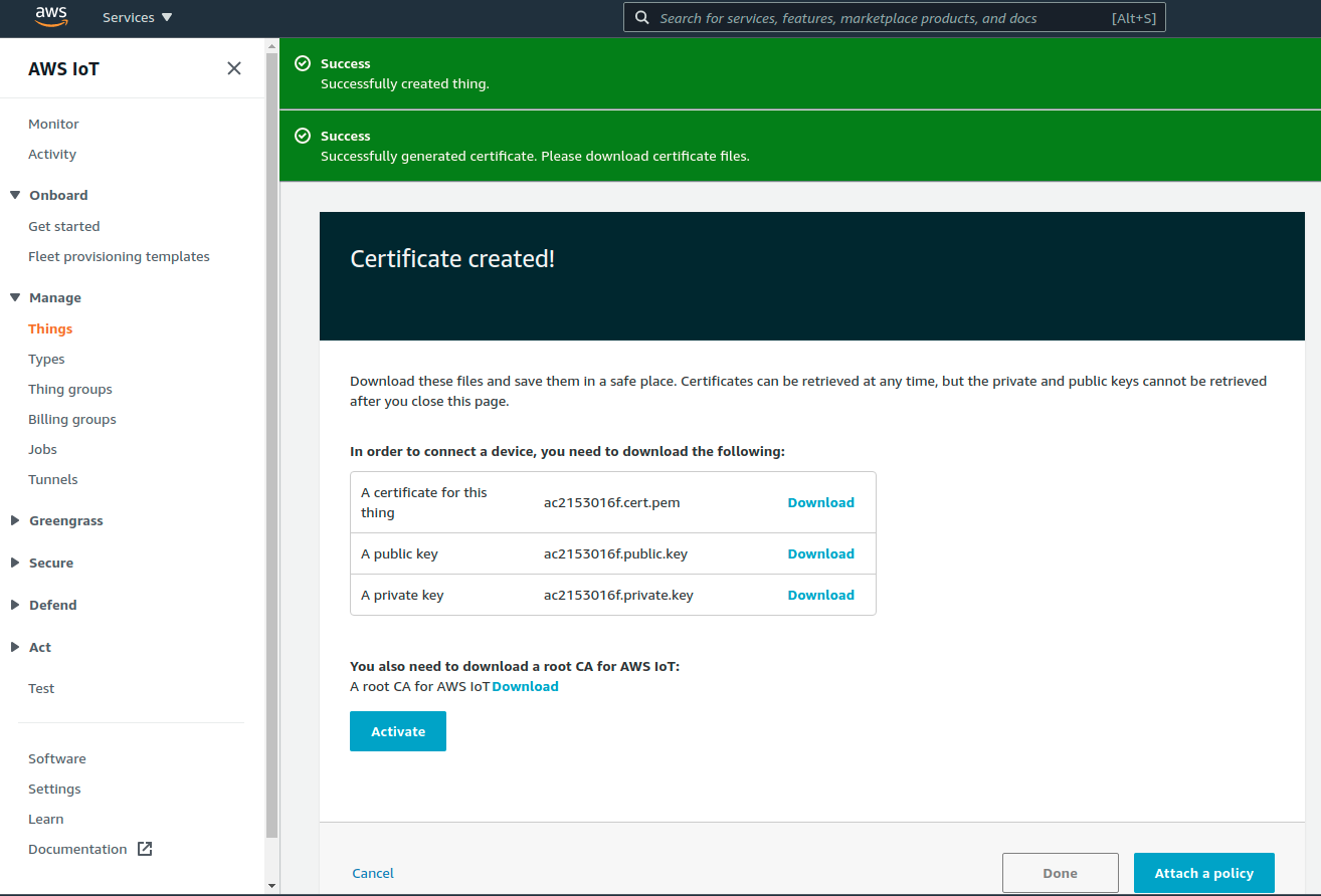 AWS IoT Core — download certificate, private key, and Root CA