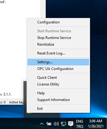 Kepware — system tray icon Settings menu