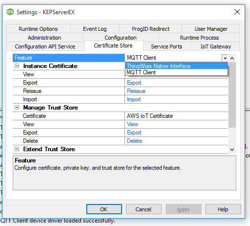Kepware — Certificate Store: import AWS certificates