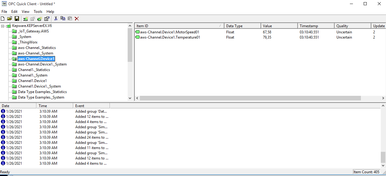 Kepware OPC Quick Client — verifying live tag values
