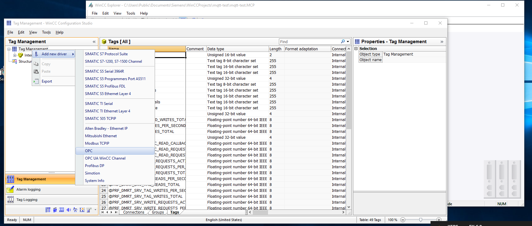 WinCC Tag Manager — Add new driver → OPC