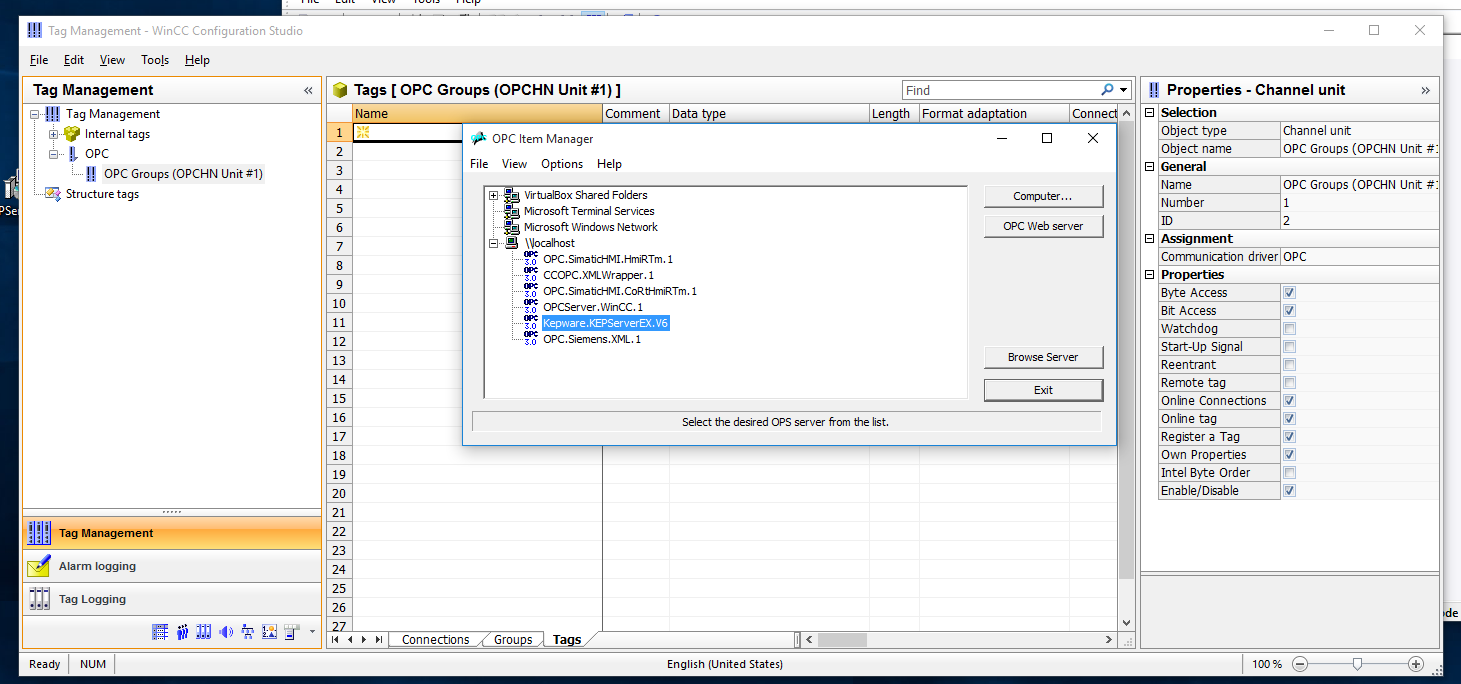 WinCC — OPC server selection (Kepware)