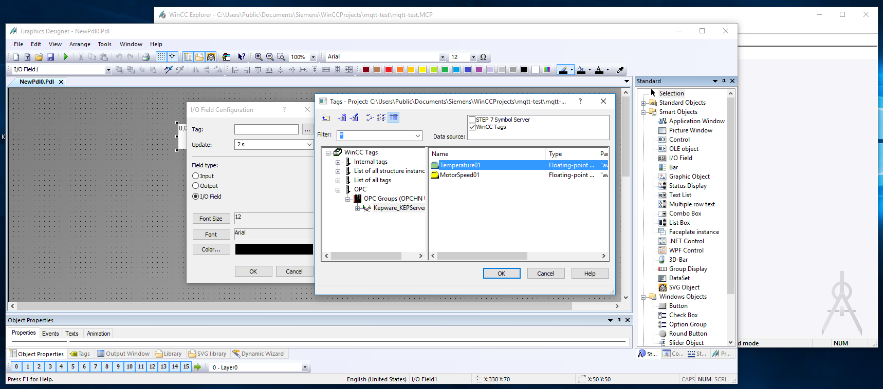 WinCC Graphic Designer — tags added to page