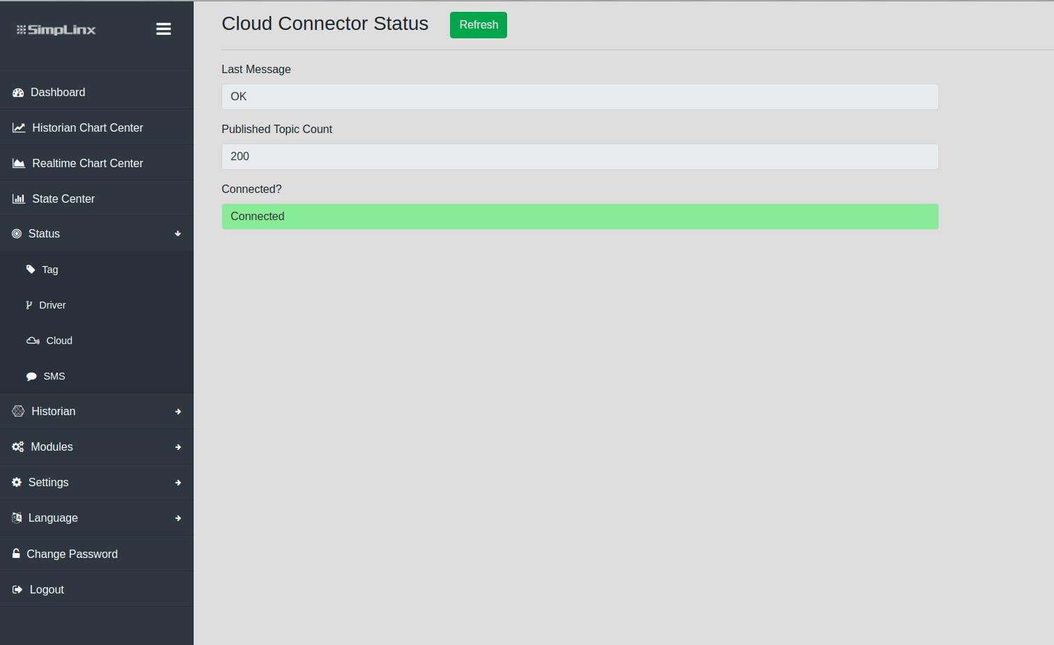 SMX-RNS20 — Status → Cloud showing connected