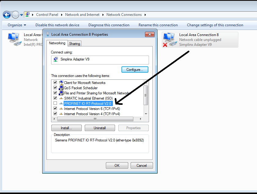 Removing PROFINET IO RT-Protocol from Simplinx adapter properties
