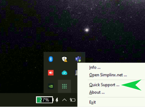 SX-Client tray menu showing Quick Support option