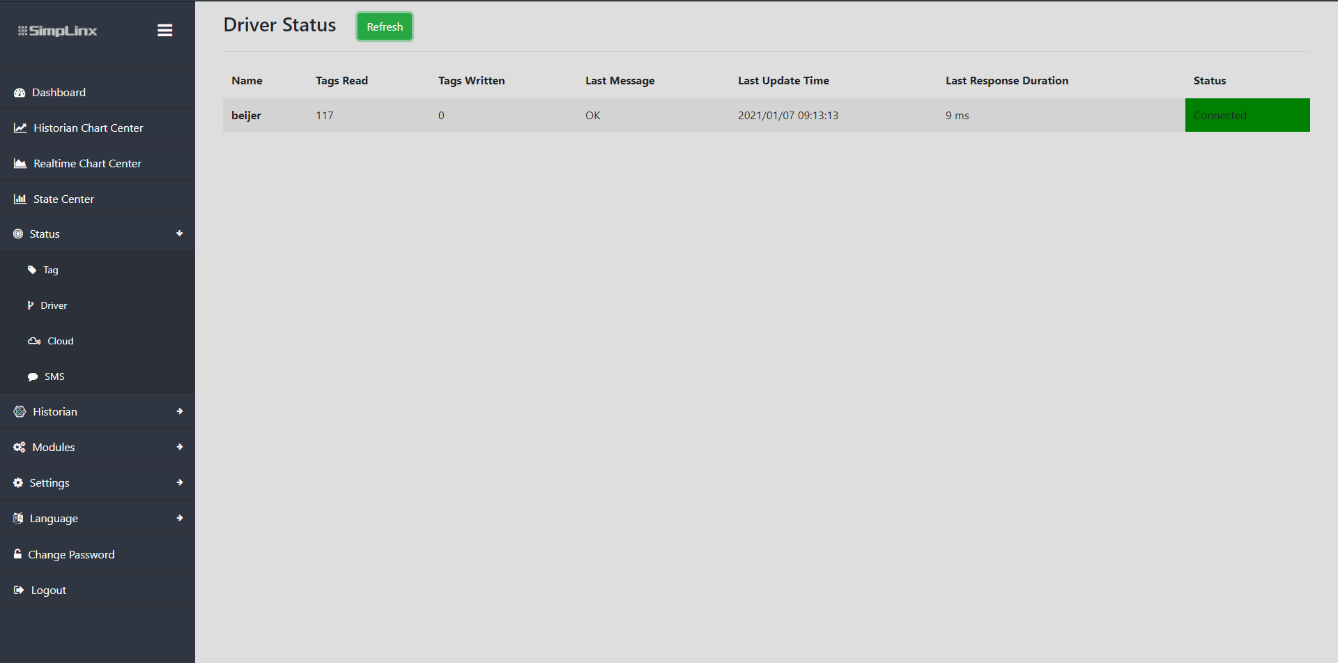 Remote IO app — Driver status page showing connected