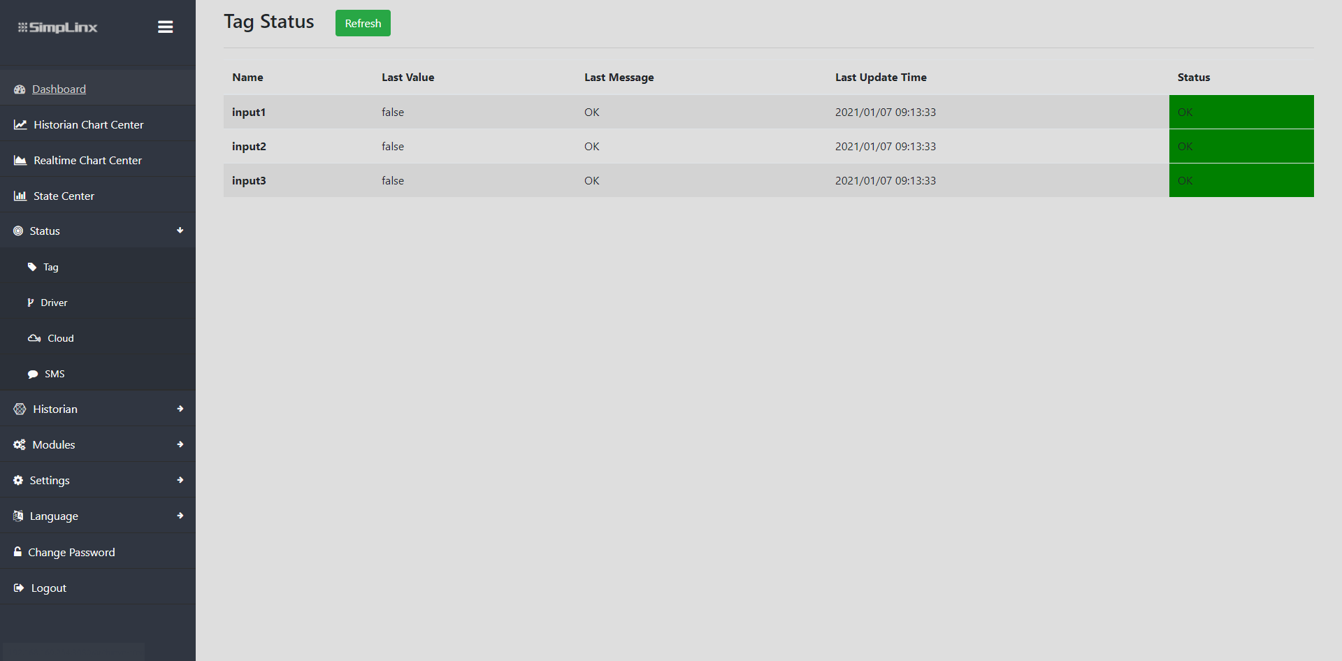 Remote IO app — Tag status page showing live values