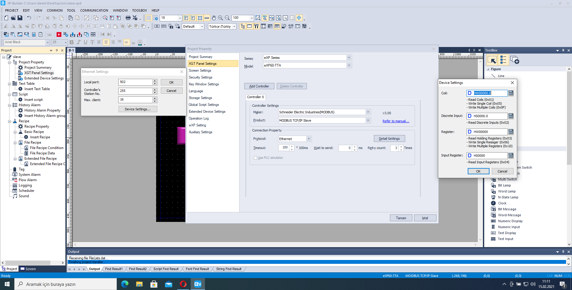 XP Builder — Modbus TCP address configuration