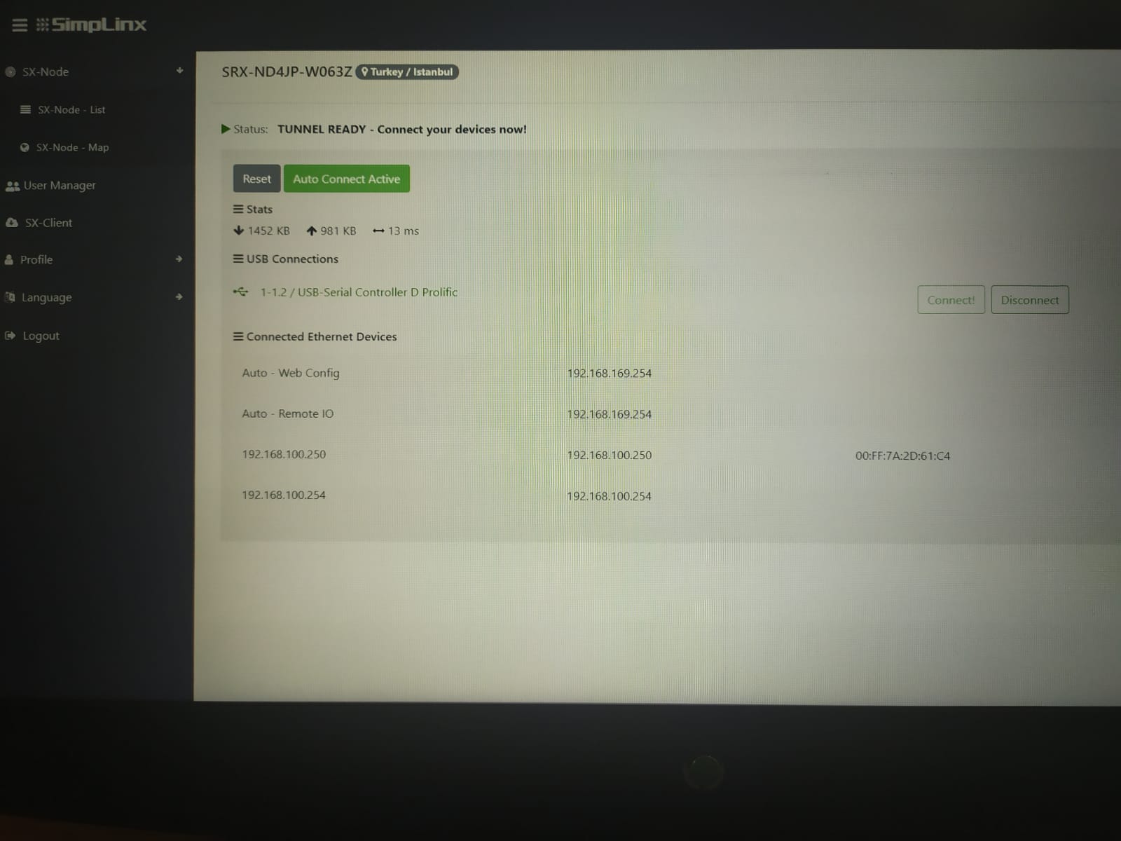 SX-Client showing connected devices list including SICK Safety PLC