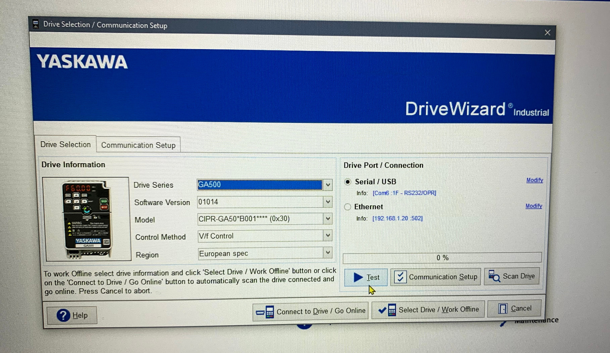 DriveWizard Industrial — Drive Selection settings