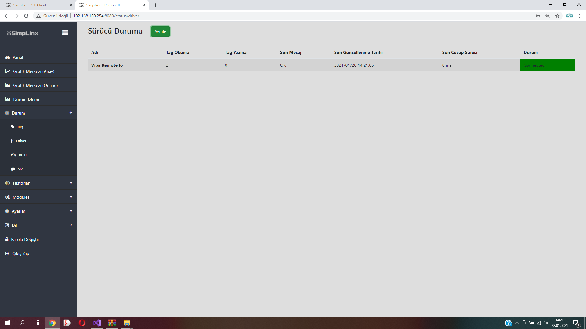 Remote IO — Tag status page showing Yaskawa live values