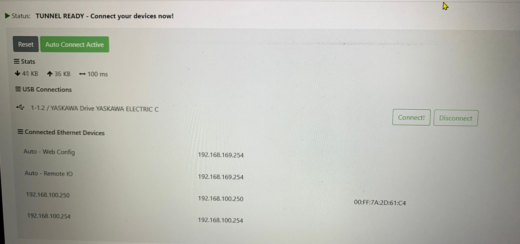 SX-Client showing connected Ethernet and USB devices