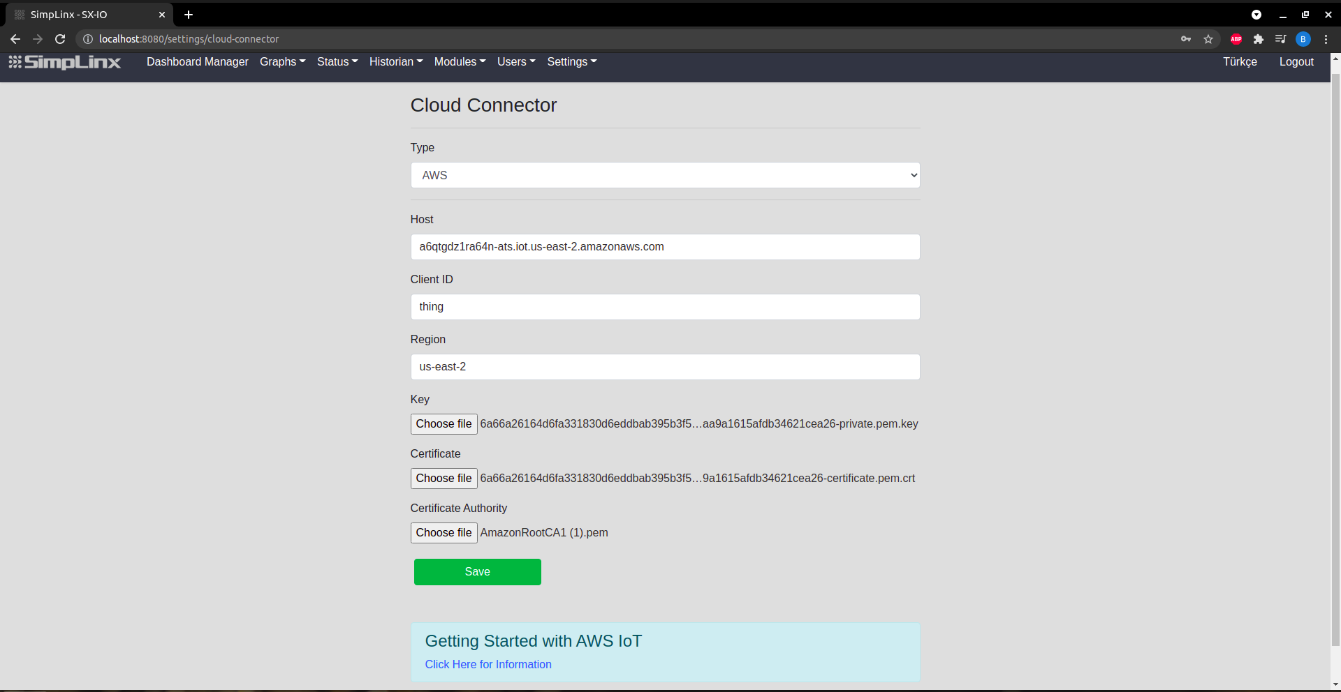 SX-IO — Cloud Connector settings (host, client ID, region, certificates)
