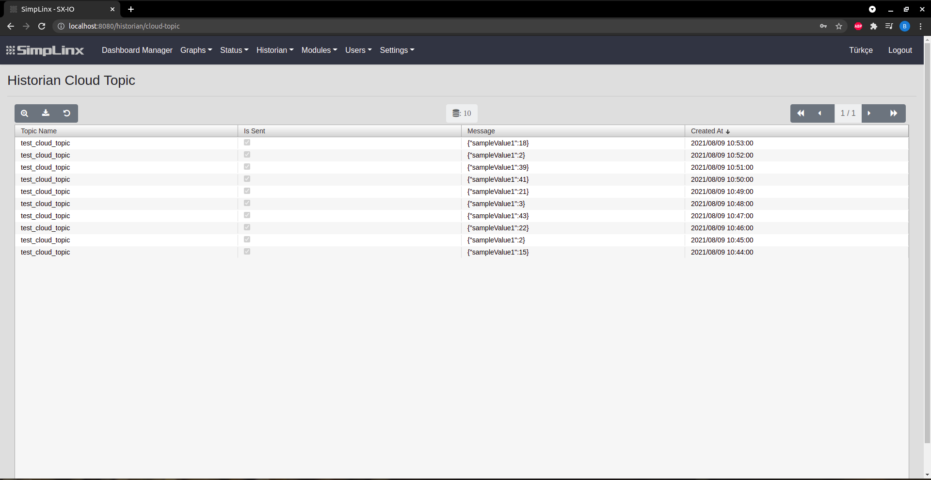 SX-IO Historian — Cloud topic message details