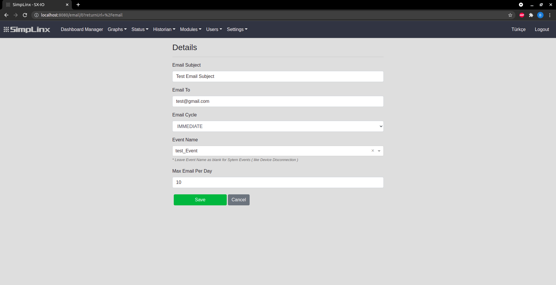 SX-IO — Email config: subject, recipient, cycle, event
