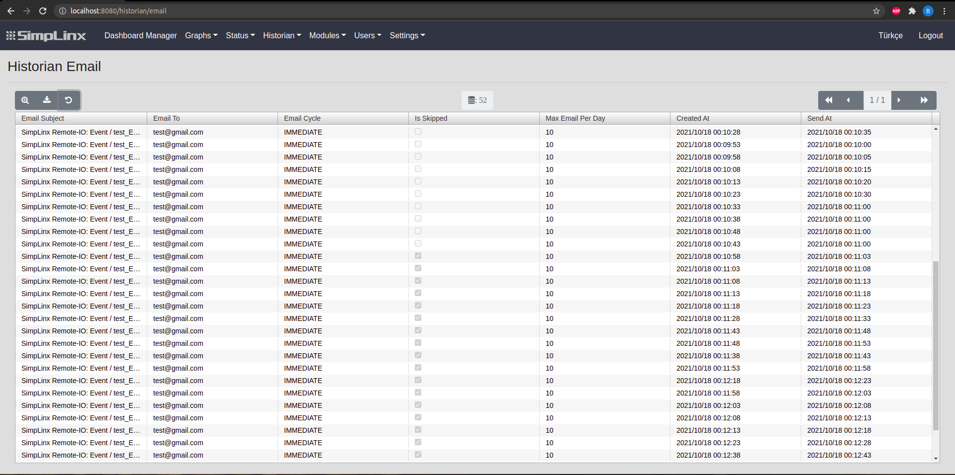 SX-IO Historian — Email detail with Is Skipped indicator