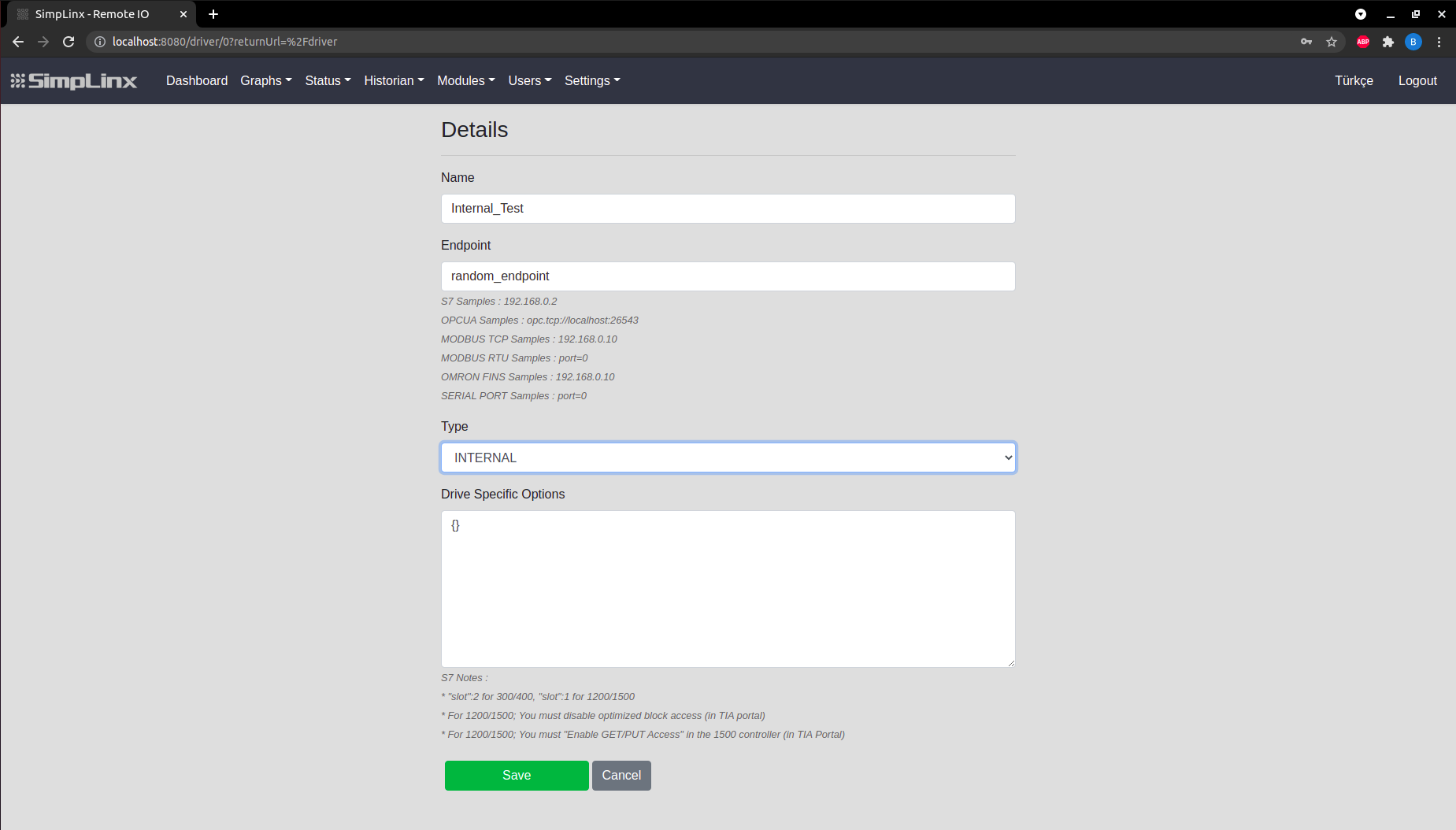 SX-IO — INTERNAL driver configuration