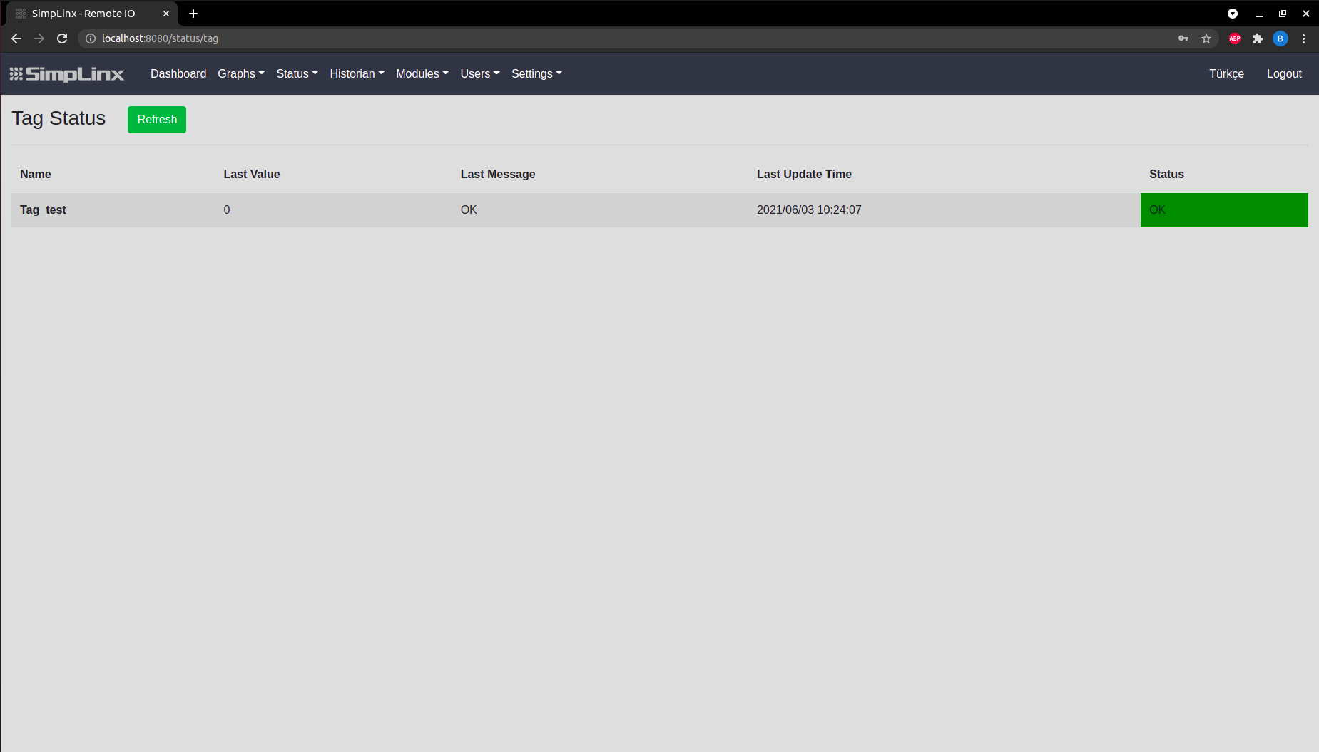 SX-IO Status — INTERNAL tag with live device metric
