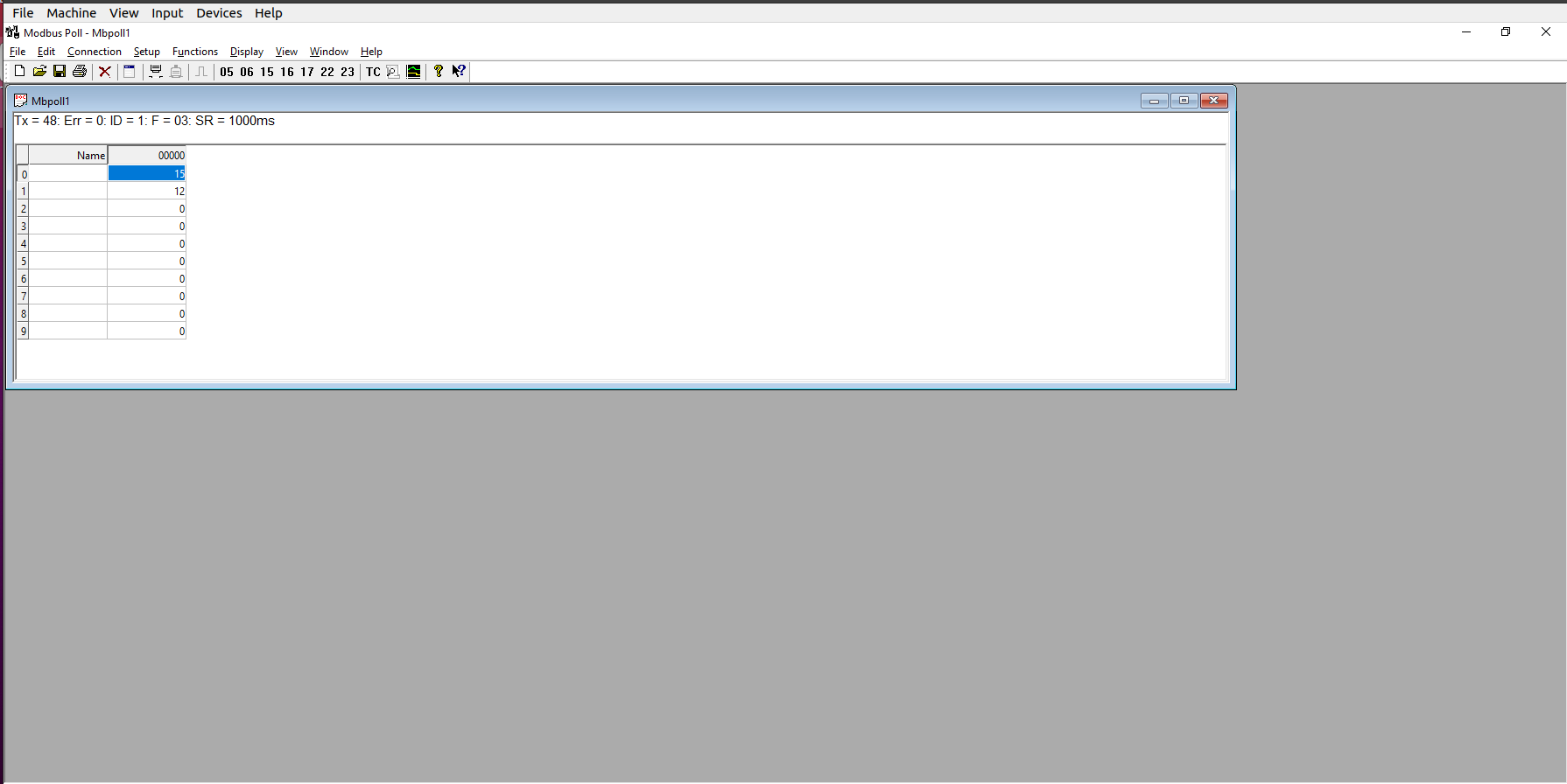 Modbus Poll — live values from RTU slave