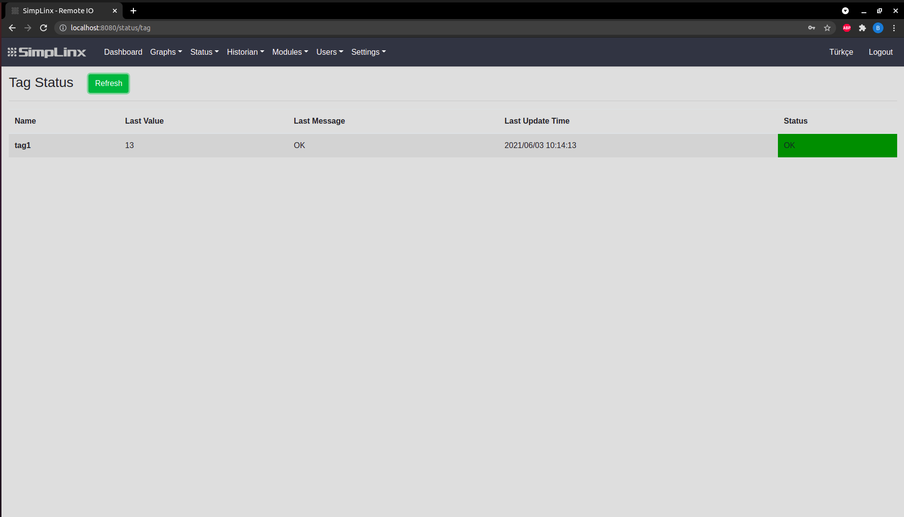 SX-IO Status — tag showing live RTU value