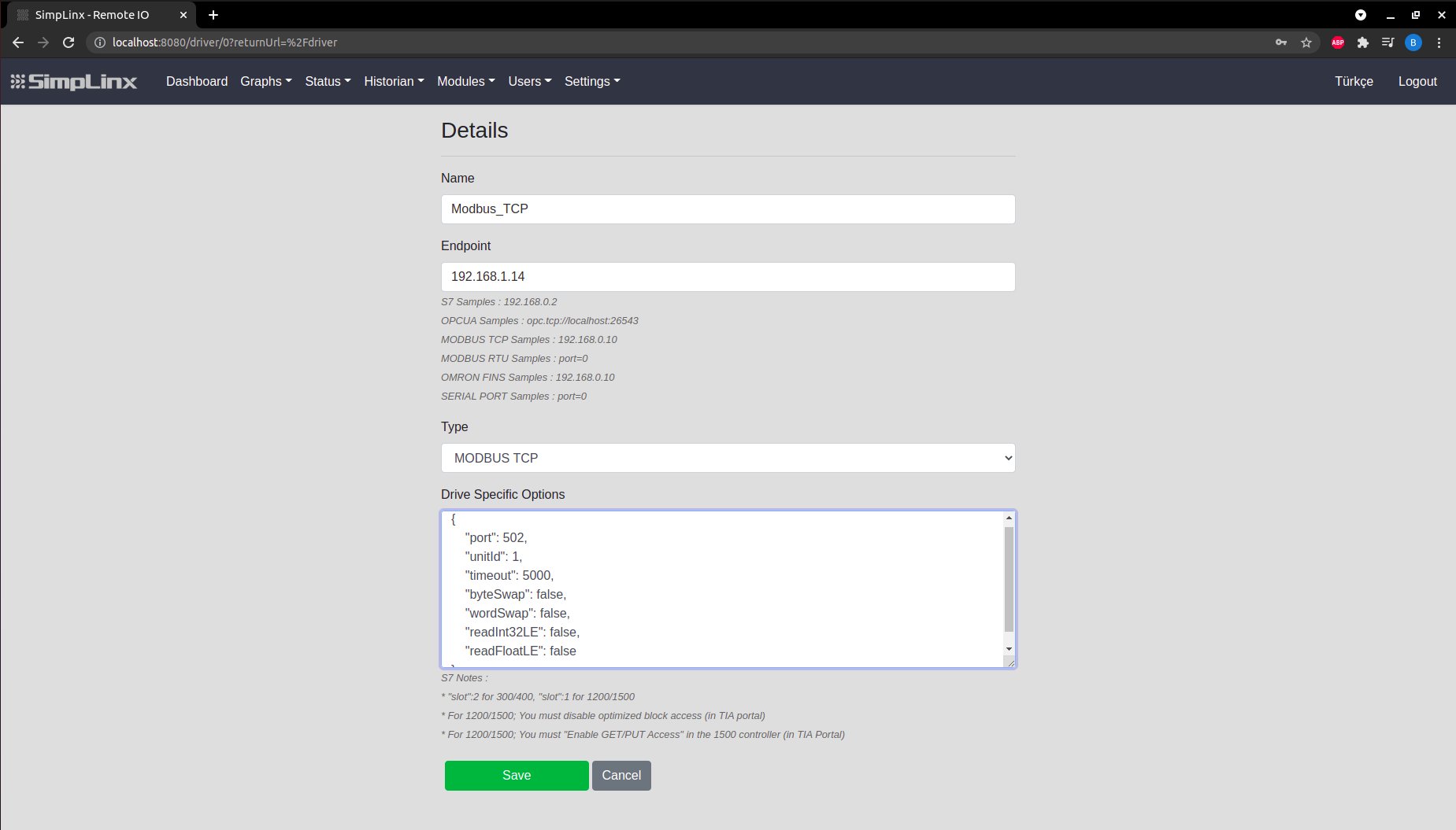 SX-IO — Modbus TCP driver configuration form