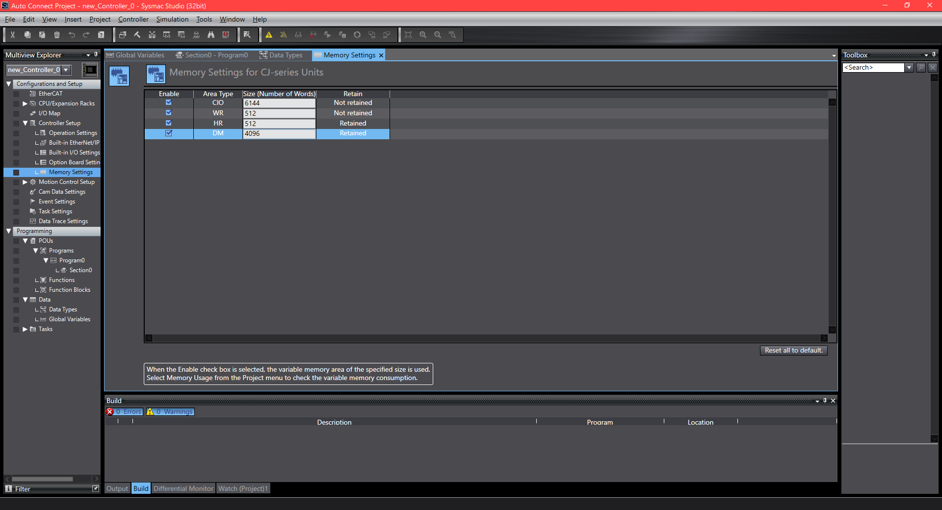 Omron FINS — memory settings in controller setup