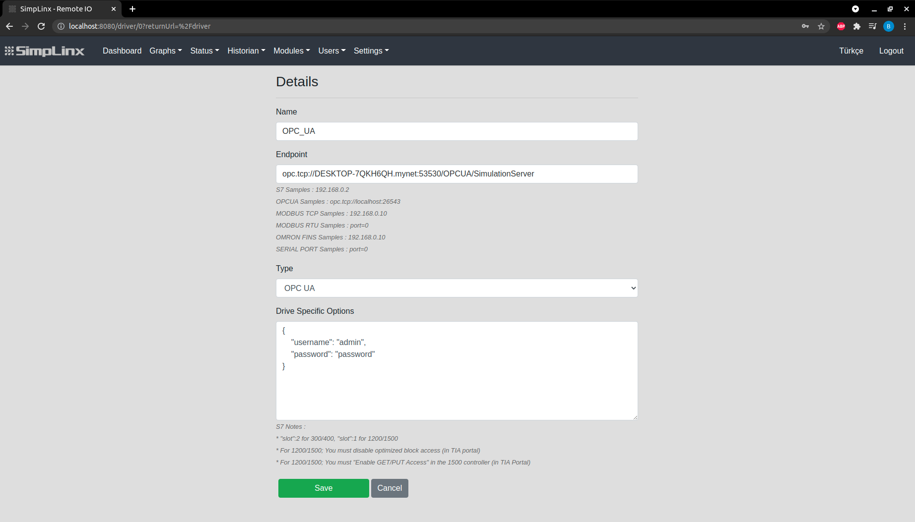 SX-IO — OPC UA driver: Name and Endpoint URL