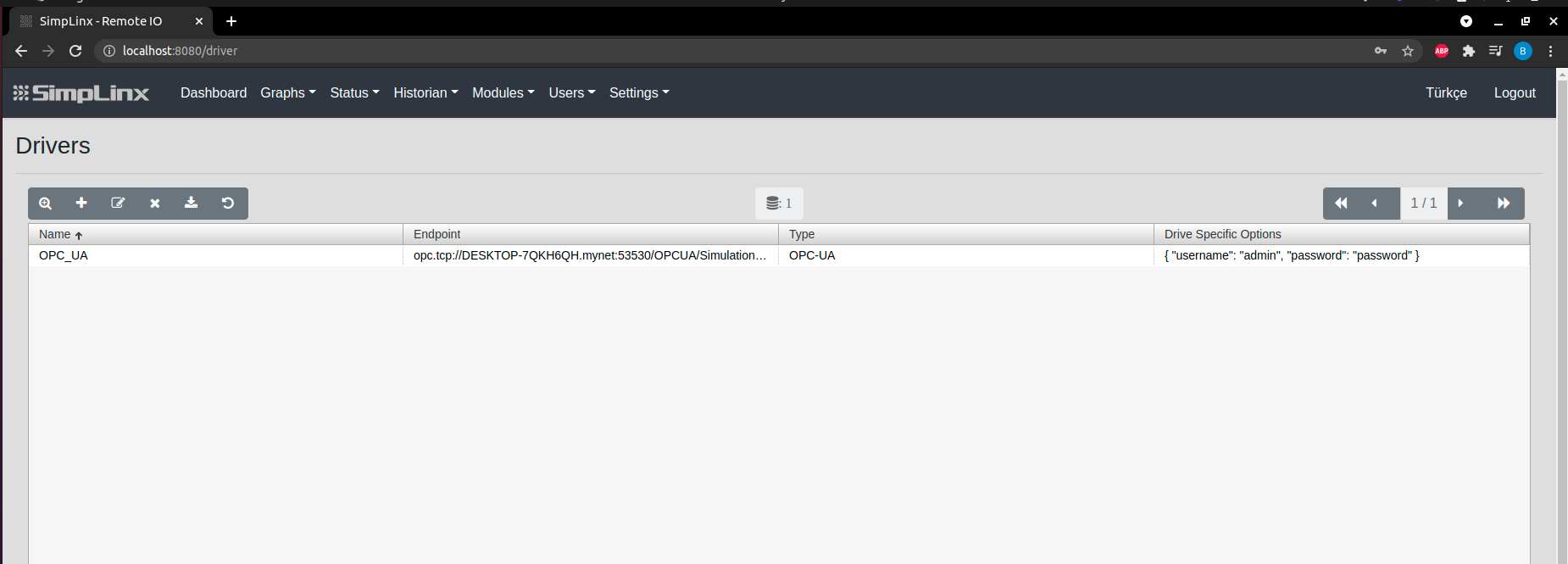 SX-IO — OPC UA driver: credentials