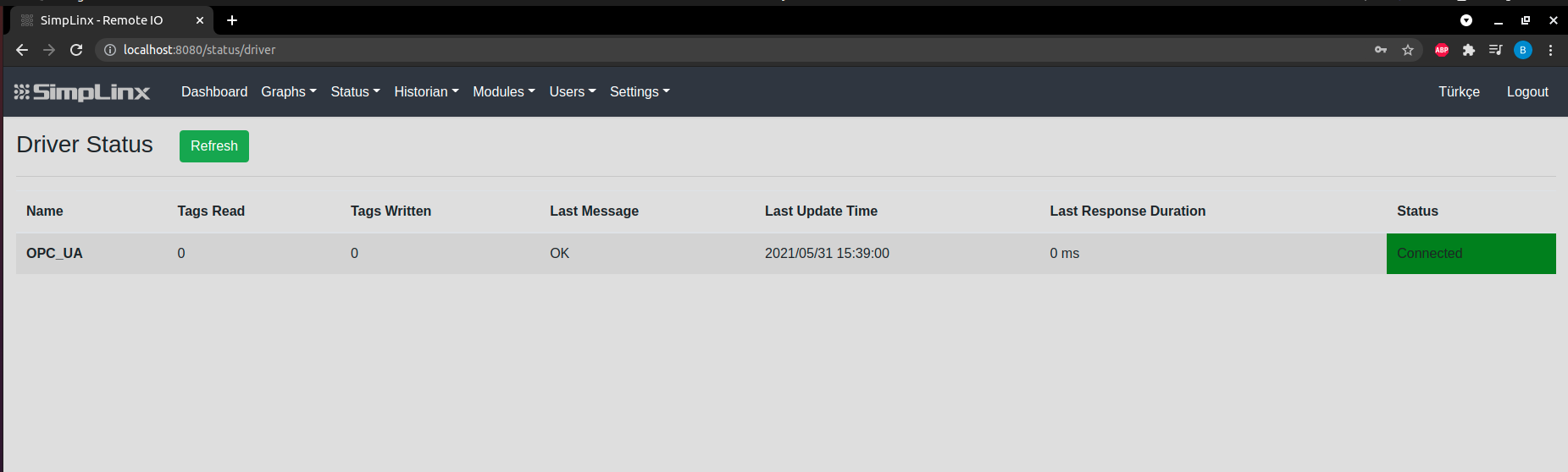 SX-IO Status — OPC UA driver connected
