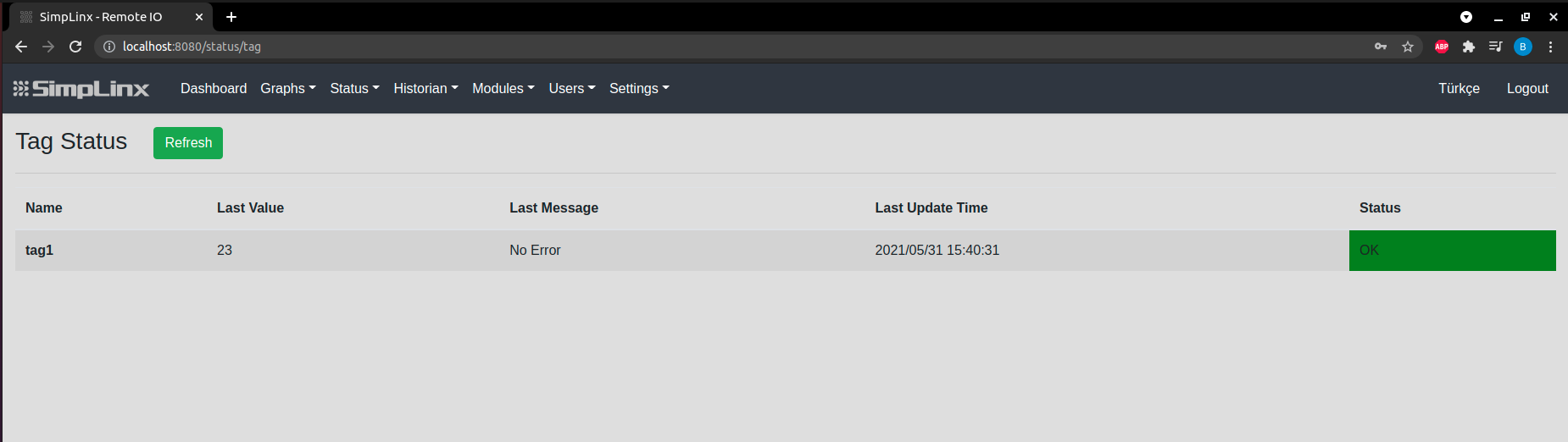 SX-IO Status — OPC UA tag with live value