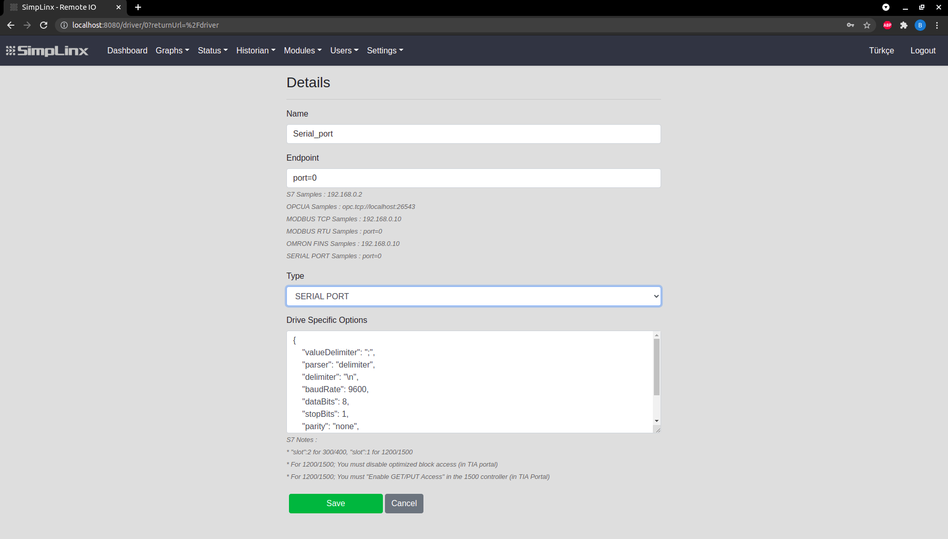 SX-IO — Serial Port driver configuration