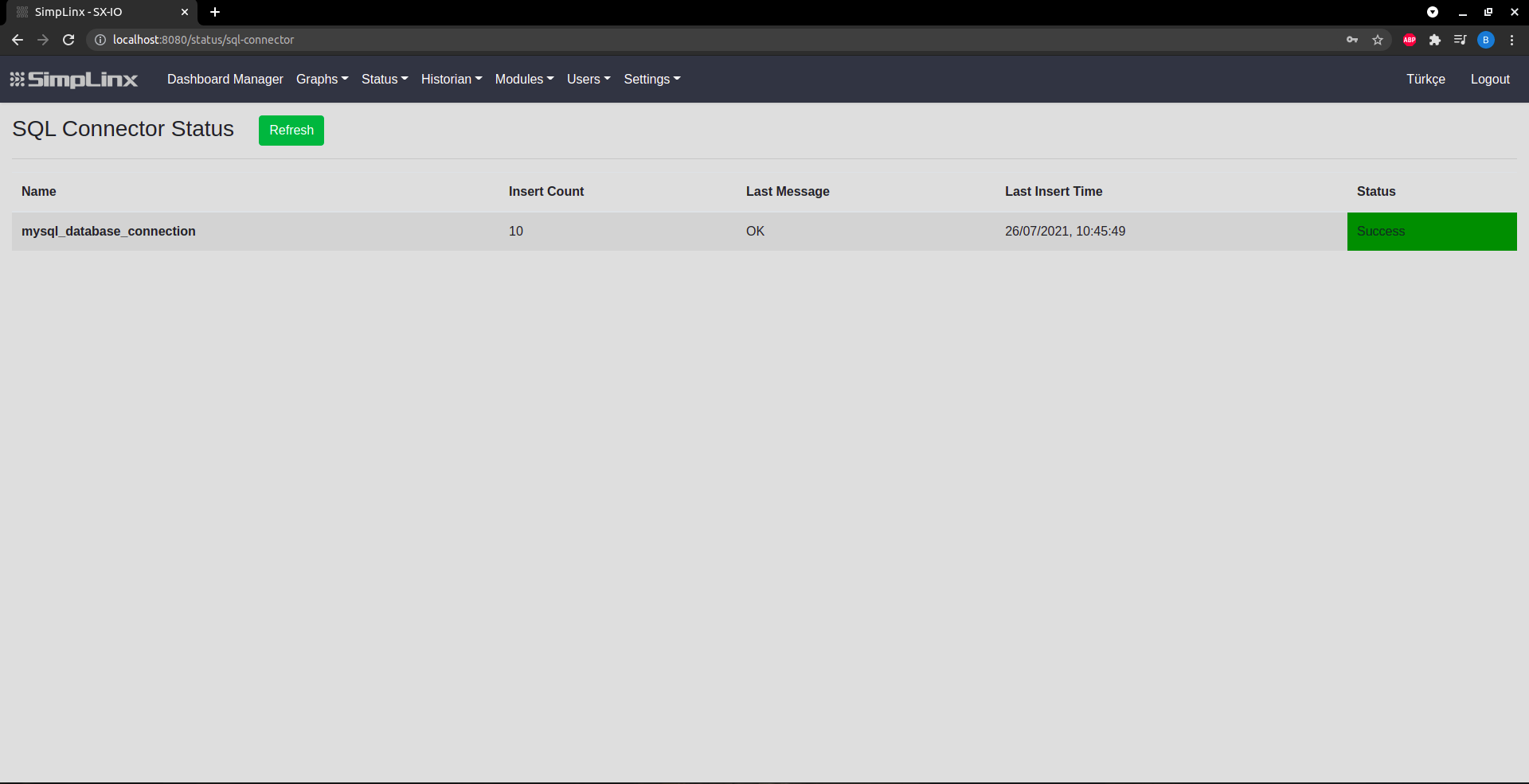 SX-IO Status — SQL connector insert count and status