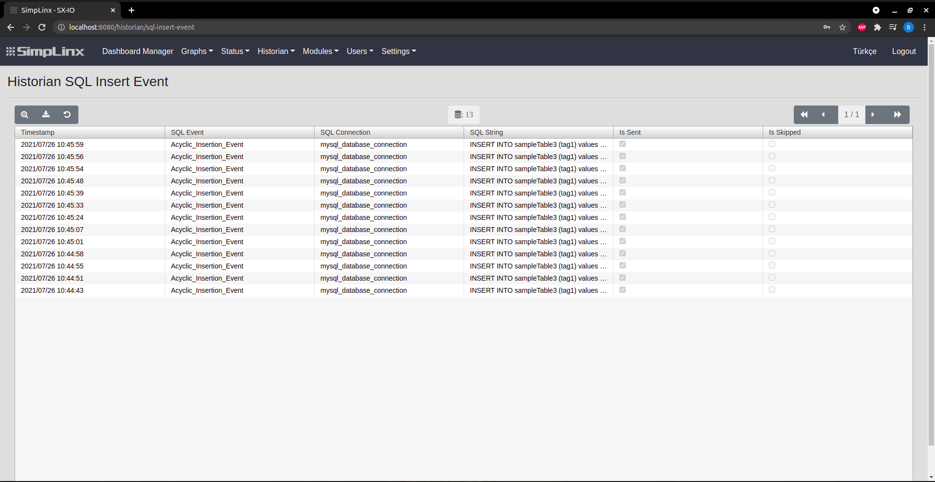 SX-IO Historian — SQL insert event records