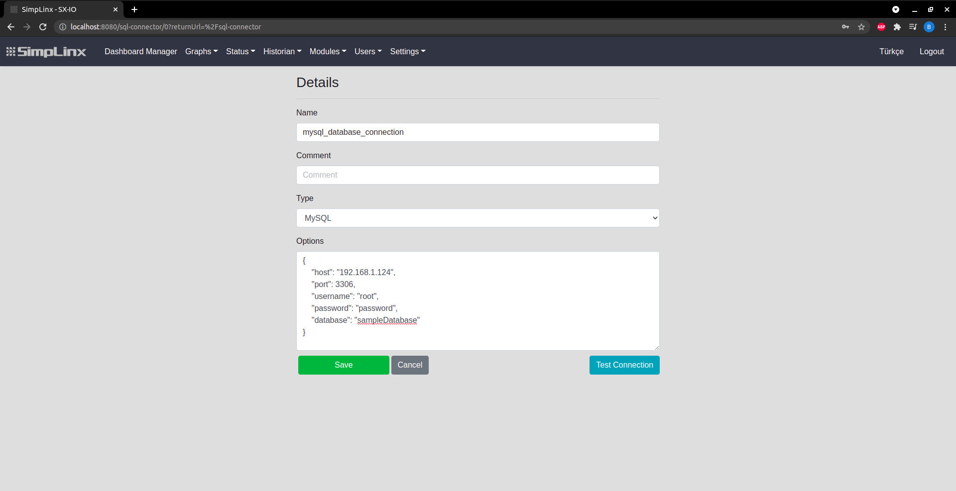 SX-IO — SQL connection settings: name, type, options