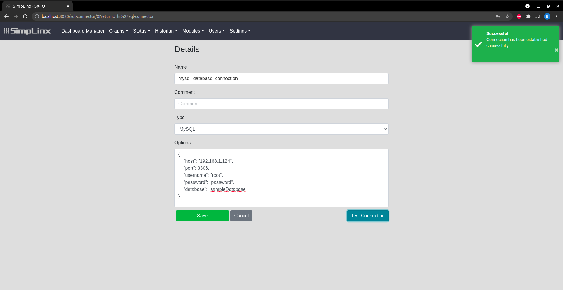 SX-IO — Test Connection button