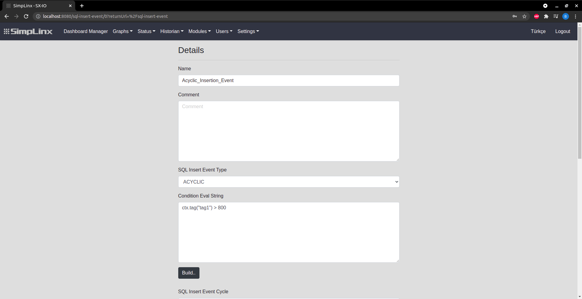 SX-IO — Insert Event: name, type (Cyclic/Acyclic), conditions