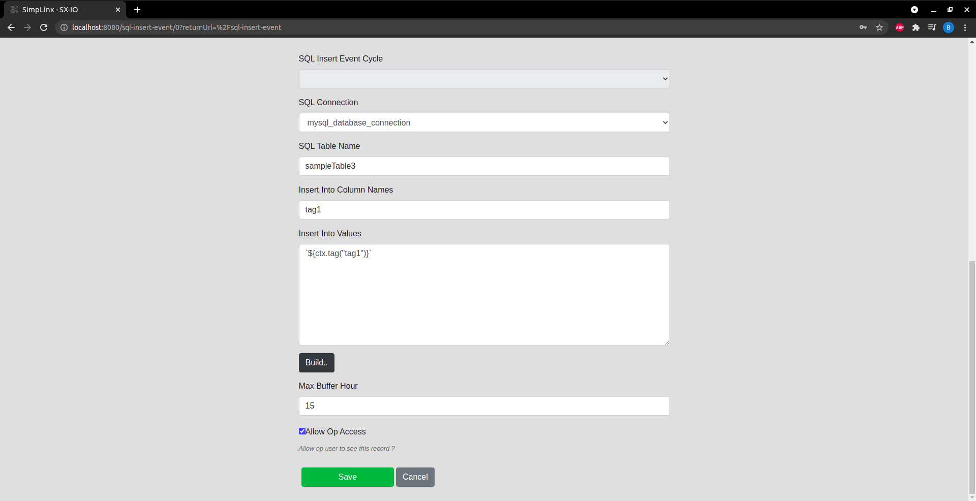 SX-IO — Insert Event: SQL connection, table, columns