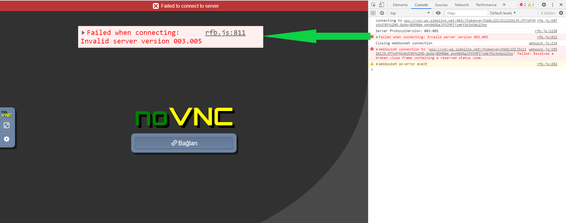 Invalid VNC version error shown in browser console