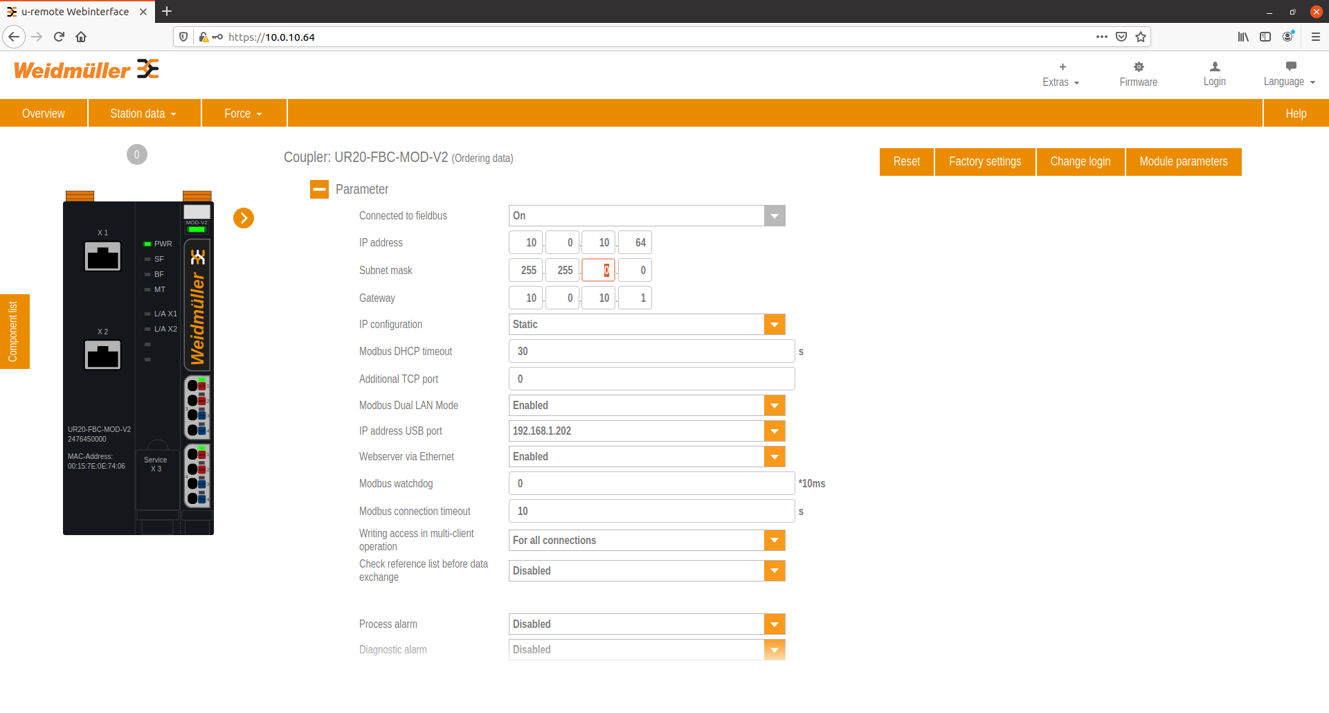 WUP Studio — communication parameters for Weidmüller Modbus TCP