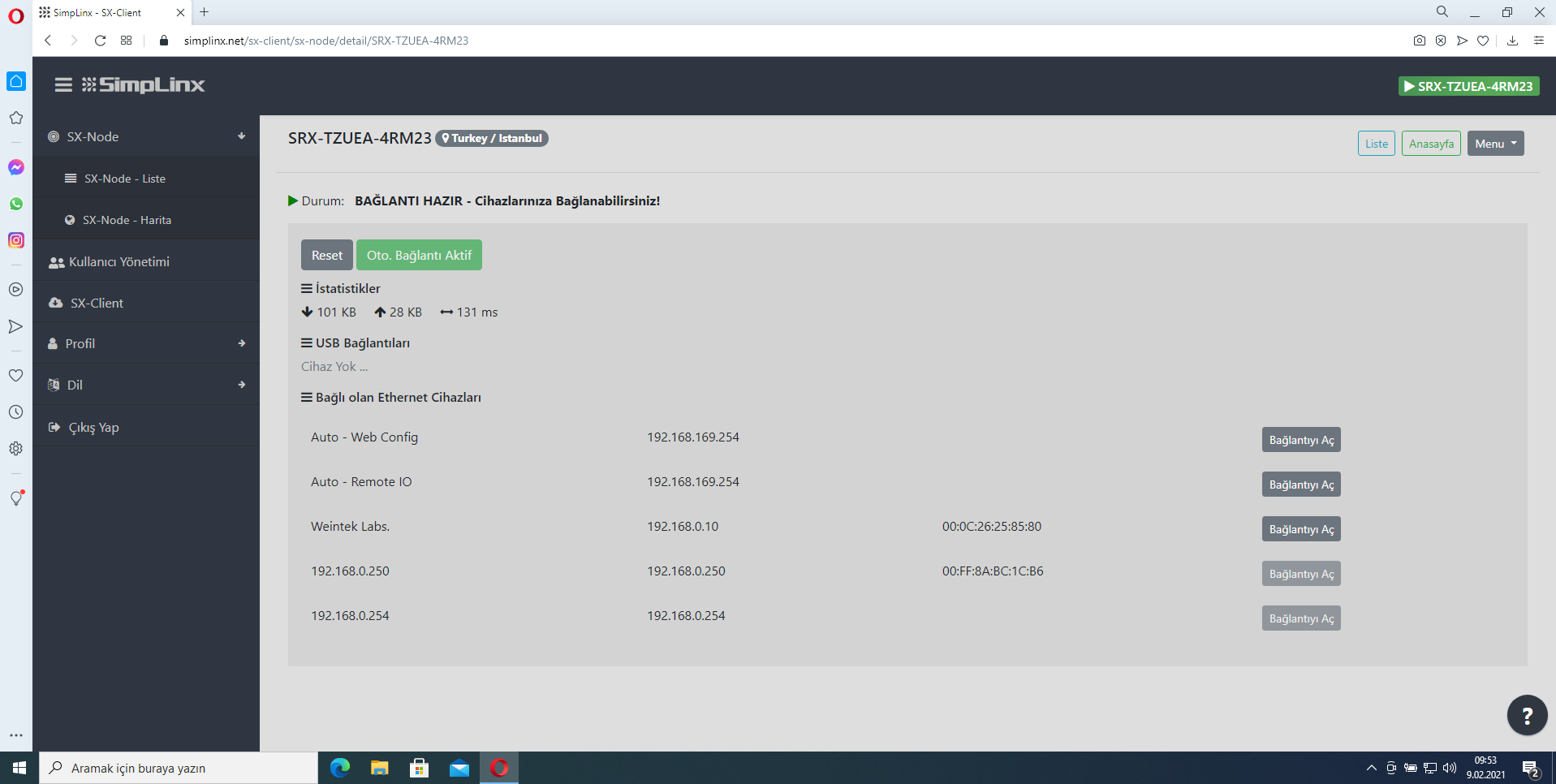 SX-Client showing Weintek HMI in connected device list