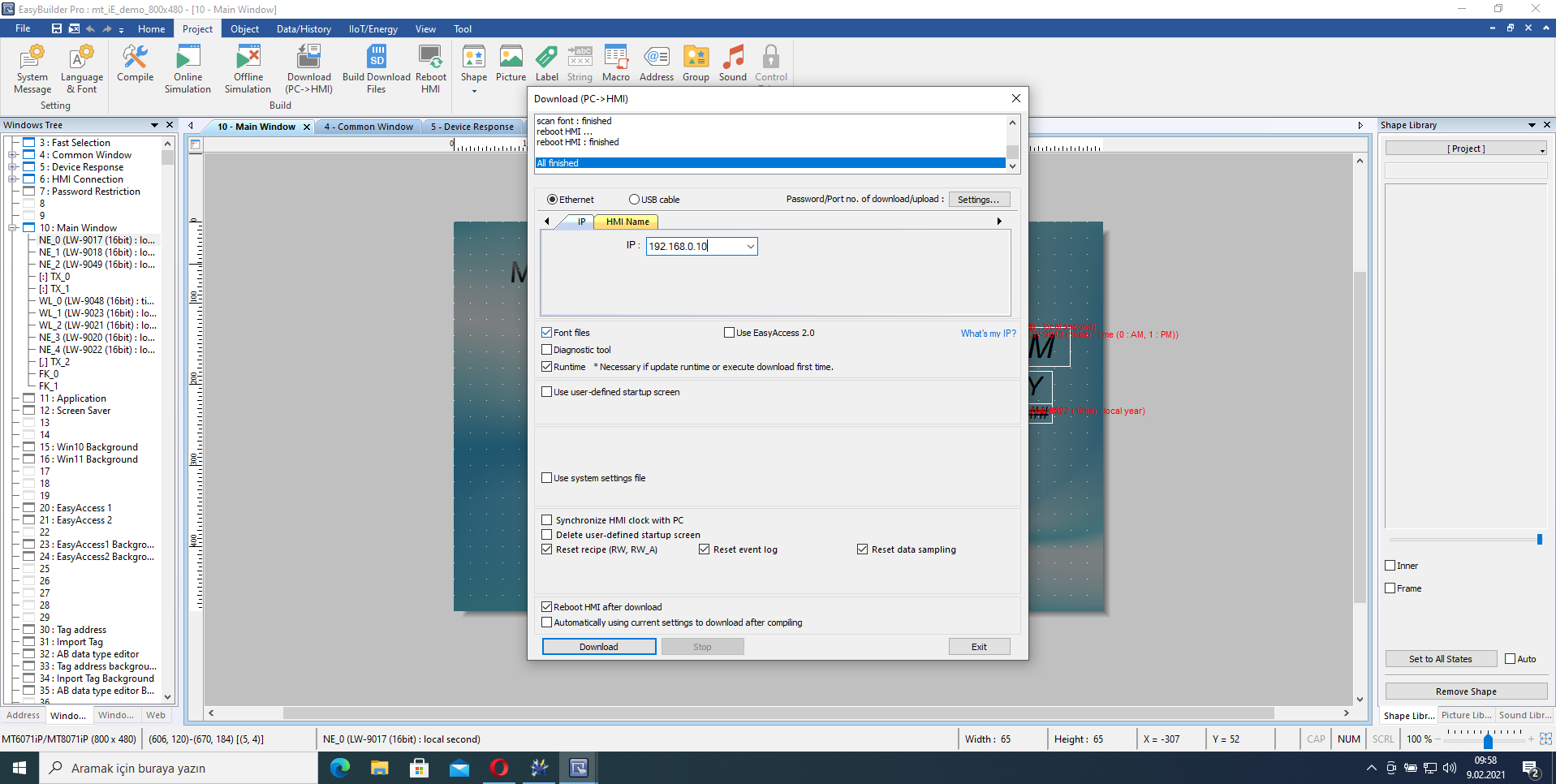EasyBuilder Pro File → Download dialog with HMI IP address